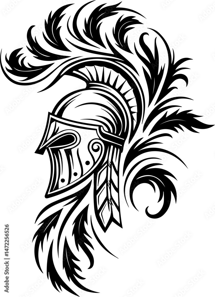 Fototapeta premium SVG vector of a dark fantasy skull entangled in twisted vines and roots. Detailed Illustration of a Warrior Helmet with Intricate Designs