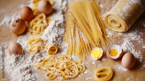 Homemade pasta making process displaying flour, uncooked pasta shapes, eggs in various forms, and rolling dough on a wooden table, showcasing culinary creativity