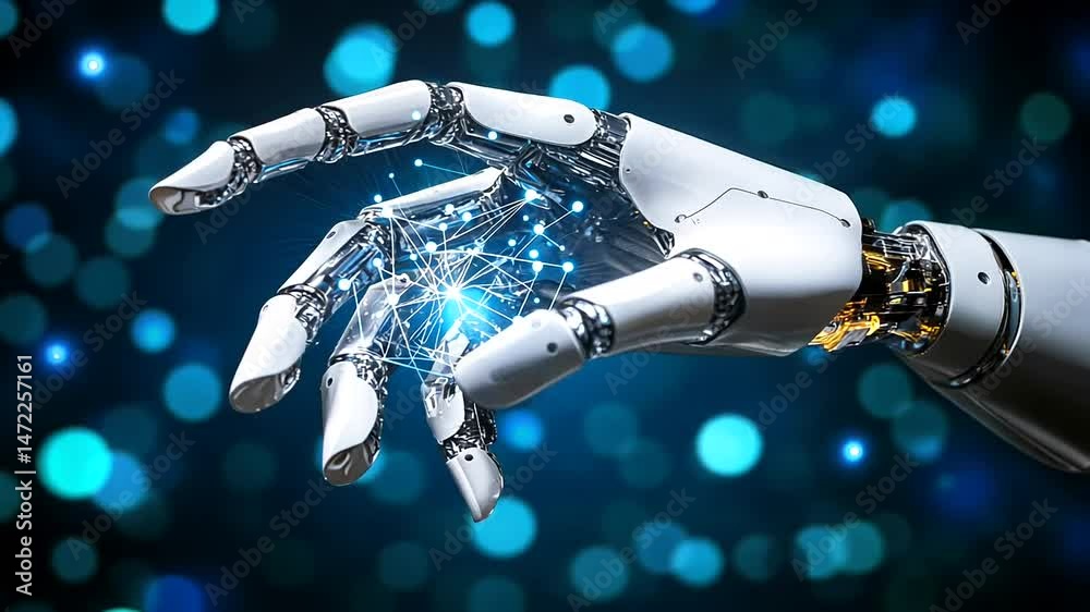 White robotic hand with metallic joints reaching out, a glowing blue neural network in its palm, on a dark blue bokeh background