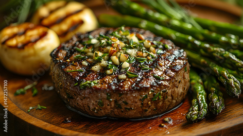 Grilled steak with herbs, asparagus, and potato on a wooden board