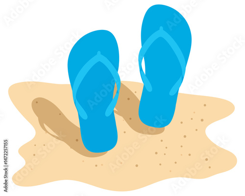 Bright Blue Flip Flops Resting on Golden Sand Under a Clear Sky During Summer Vacation