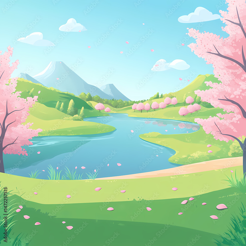 Fototapeta premium Springtime Lakeside Serenity in a Blossoming Landscape