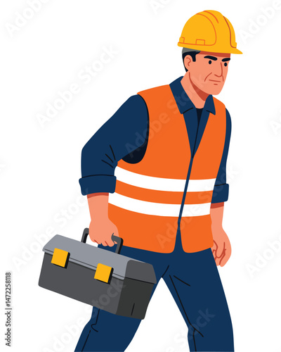 Construction Worker Wearing Hard Hat and Safety Vest While Carrying Tool Bag