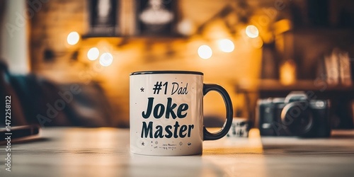 White mug with black handle and text reading '#1 Dad Joke Master' on a wooden table, blurred warm bokeh lights and camera in background