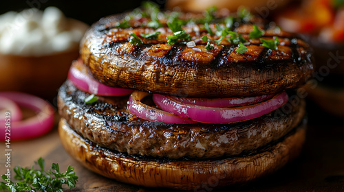 Grilled Mushroom Burger with Onions and Fresh Herbs on Wooden Board