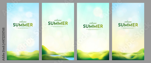 Vector illustration. Set of 3d style natural landscape. Green meadow and hills background. Clear blue sky with bokeh lights. Design for flyer, voucher, leaflet, coupon. Rural serene scene