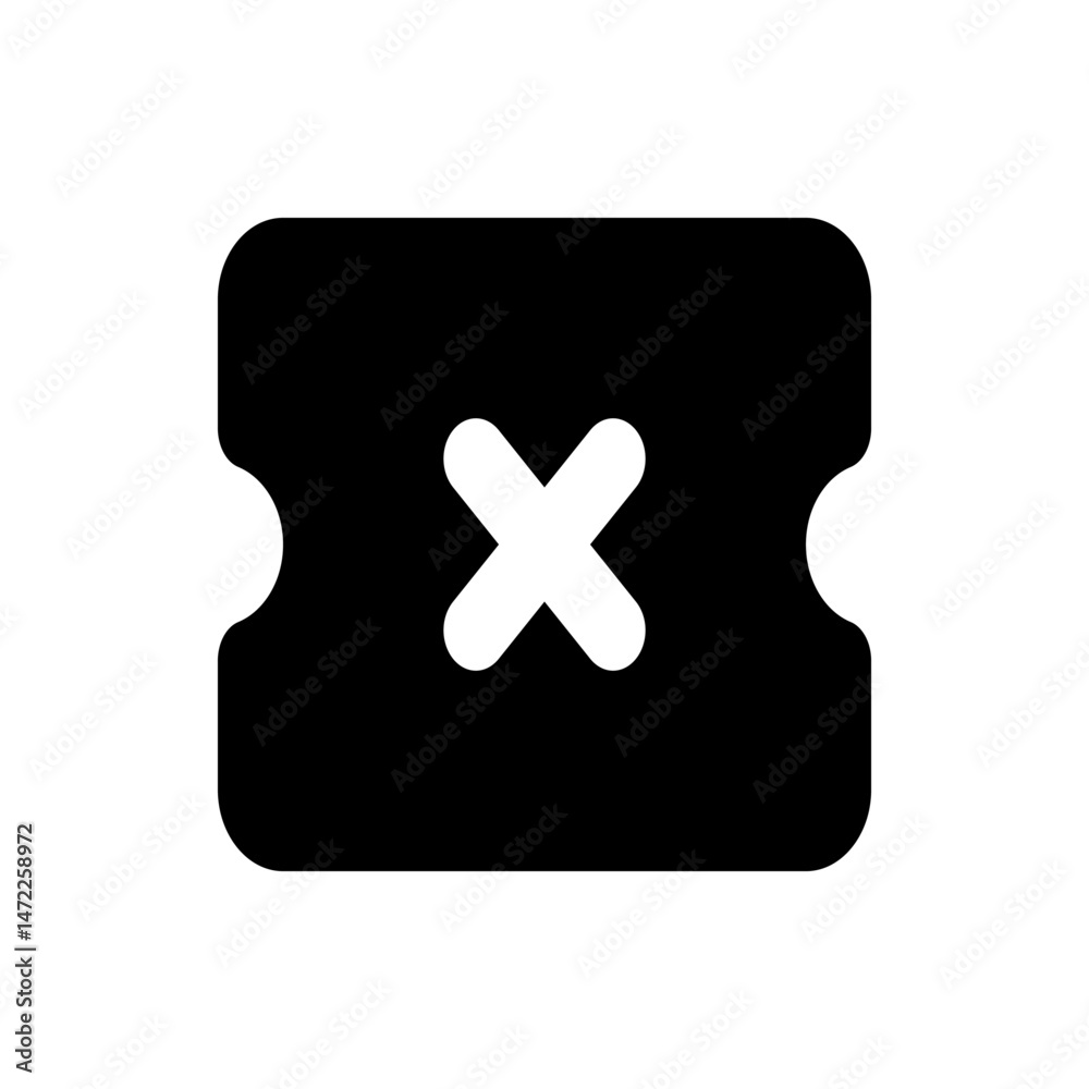 Fototapeta premium Black ticket with rounded corners and a white cross mark in the middle of the rectangular shaped object