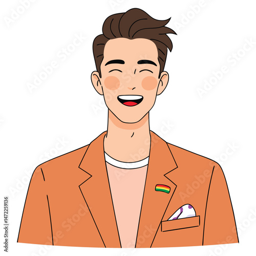 Smiling Young Man in Orange Blazer with Rainbow Pin and Joyful Expression