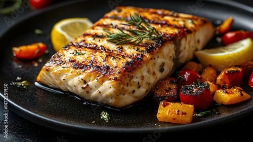 Grilled Salmon with Colorful Vegetables and Lemon Slices on Plate