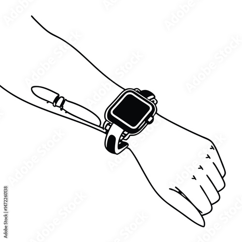 Black and white smartwatch on a wrist outline vector illustration with transparency