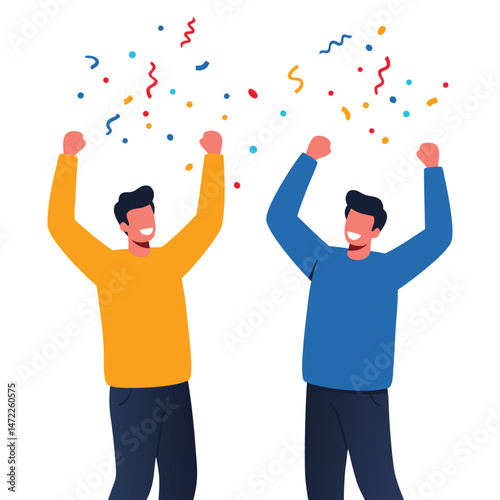Two Men Celebrating with Joyful Expressions and Colorful Confetti in Vibrant Attire