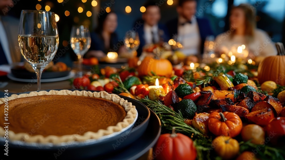 Fototapeta premium Friends gather around a beautifully set table, sharing laughter and stories. A delicious pumpkin pie sits prominently, surrounded by vibrant autumn decorations and seasonal dishes