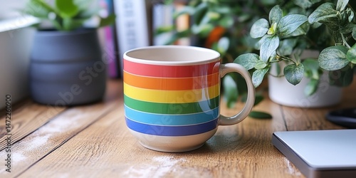 White mug with rainbow stripes on a wooden desk, surrounded by potted plants and office supplies in the background