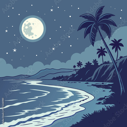 Serene night beach scene with palm trees and a glowing moon under a starry sky