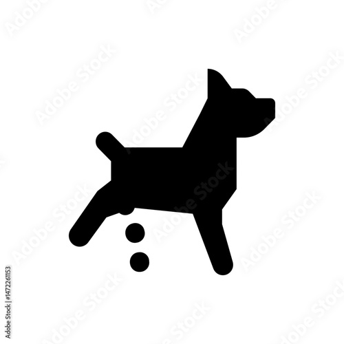 Silhouette of a dog standing with its leg raised and two circles below it, representing urination, black and white