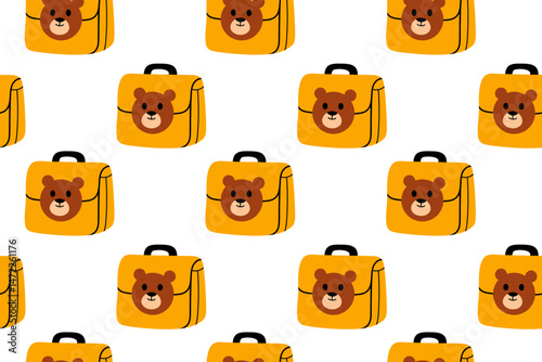 Seamless pattern with yellow school bags featuring teddy bear faces on white background