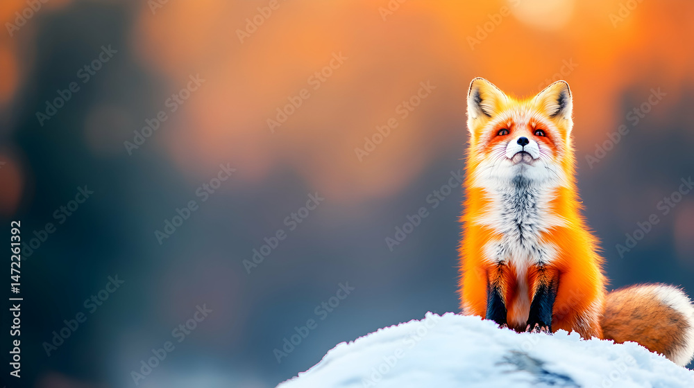 Obraz premium A vibrant red fox sits on a snowy mound, gazing upwards against a warm sunset backdrop