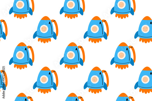 Seamless pattern of rocket-shaped backpacks in blue and orange, ideal for kids