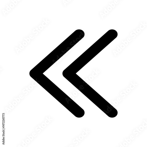 Two left pointing chevron arrows stacked diagonally in black on a white background indicating back or rewind