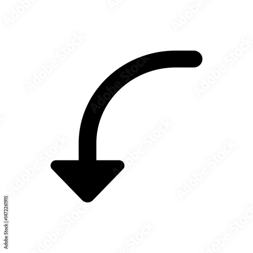 Black curved arrow pointing downwards indicating a turn or redirection on a white isolated background