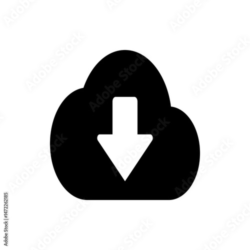 Black cloud with a white arrow pointing down indicating a download from the cloud storage service icon image