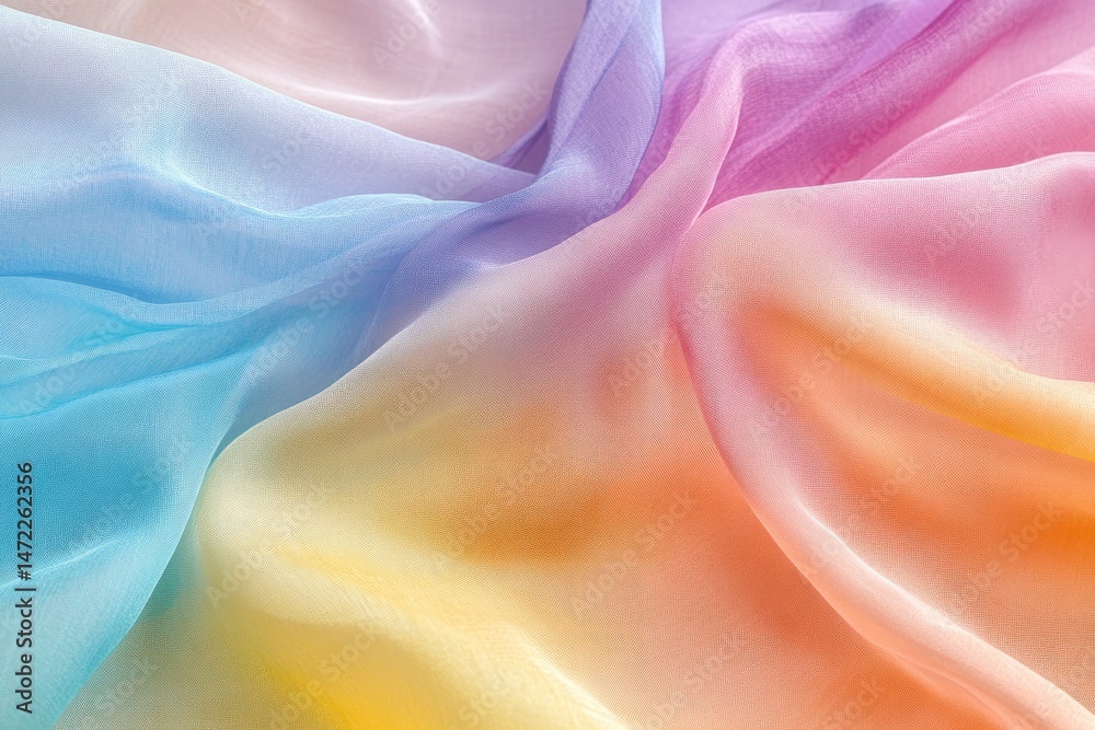 Obraz premium Soft, flowing fabric with a vibrant ombre effect. A spectrum of pastel colors, from light blue to pale orange, gently blend into one another. The fabric drapes beautifully