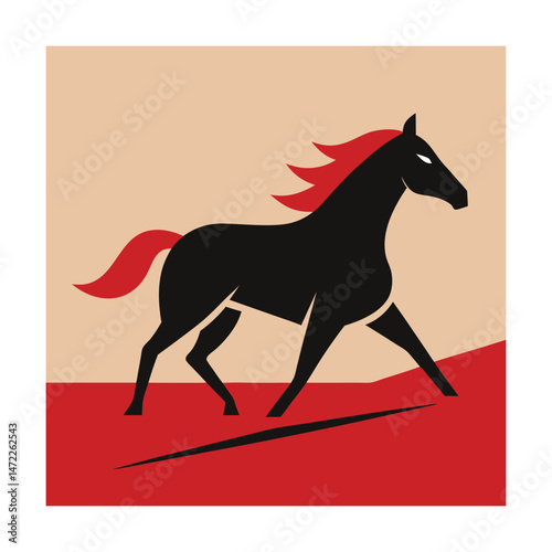 Minimalist illustration of a running black horse with red mane and tail against neutral background