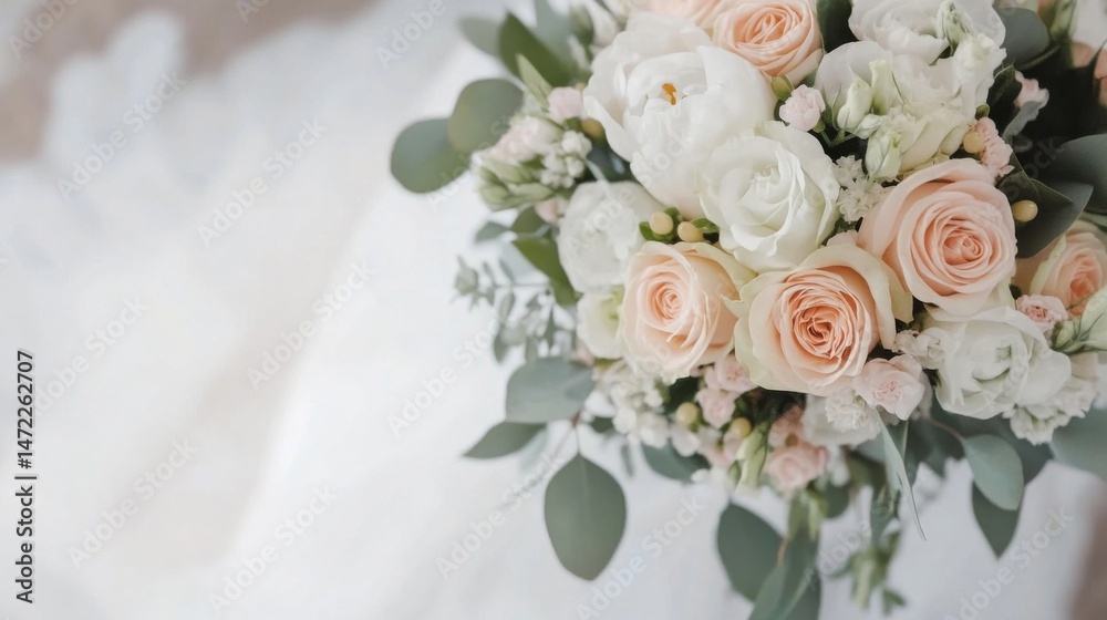 Obraz premium Elegant bridal bouquet featuring peach and white roses, peonies, and eucalyptus, perfect for wedding or event photography. : Generative AI