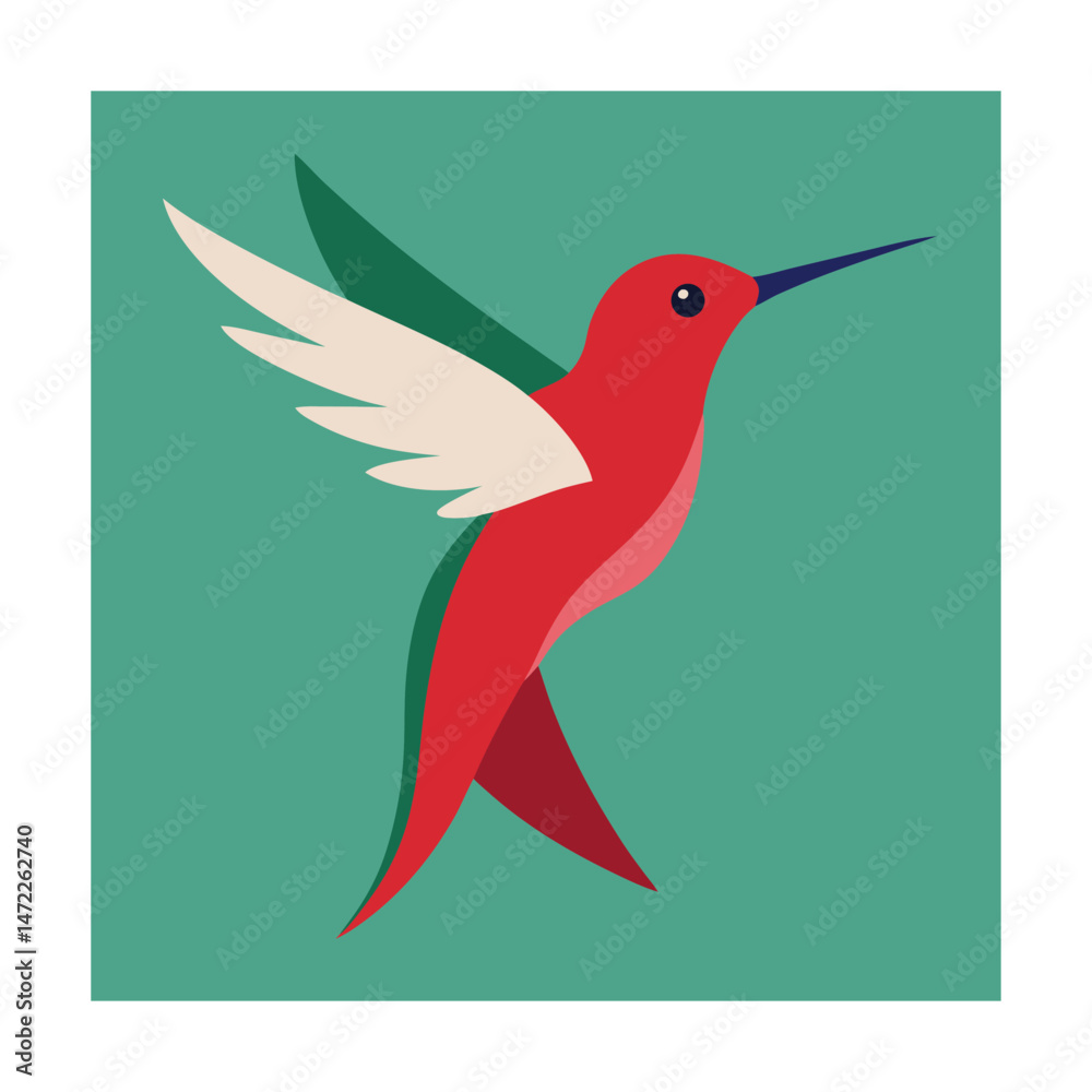 Fototapeta premium Stylized illustration of a red hummingbird bird in flight against a teal background.