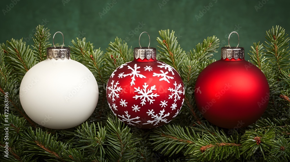 Naklejka premium Festive Christmas Ornaments on Green Pine Branch