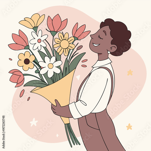A smiling woman holding a bouquet of colorful flowers enjoying the fresh floral fragrance