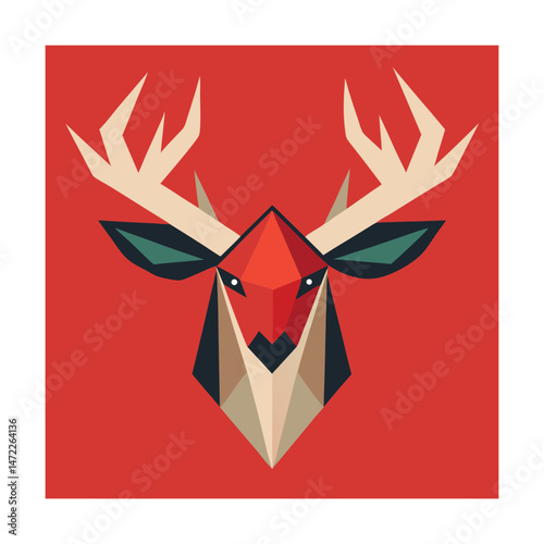 Geometric deer head illustration with modern design and festive red background