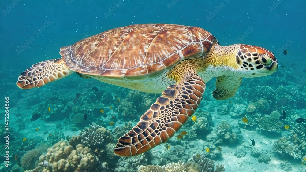 Fototapeta premium Close-Up Green Sea Turtle Swimming in Clear Tropical Waters with Coral Reef – World Turtle Day | World Sea Turtle Day | Sea Turtle | Save Turtle | 4K HD High Quality Turtle Laptop Desktop Wallpaper