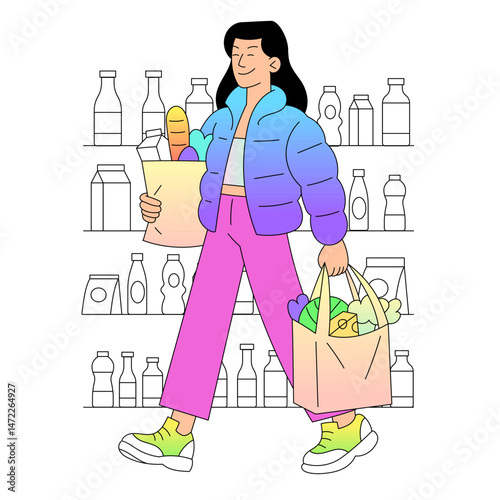 A Stylish Shopper Navigating a Grocery Store while Carrying Colorful and Trendy Bags