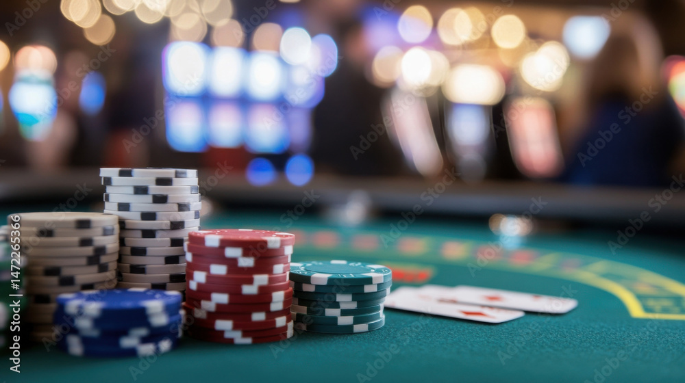 Close up of poker chips stacked on a green casino table, with blurred background of slot machines and casino lights. : Generative AI Close up of poker chips stacked on a green casino table, with blurred background of slot machines and casino lights. : Generative AI
