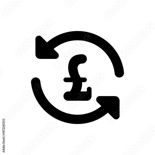 Black pound sterling symbol encircled by arrows indicating currency exchange and stock market fluctuation