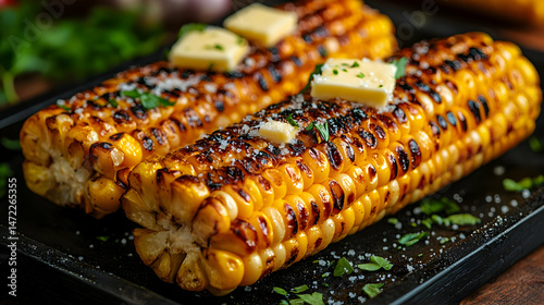 Grilled Corn on the Cob with Butter and Herbs on Black Tray