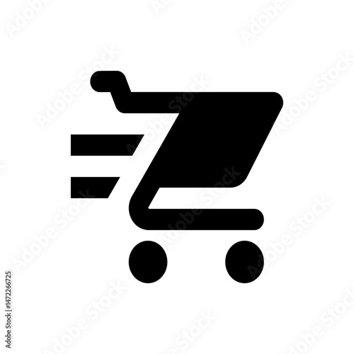 Illustration of a fast moving shopping cart with motion lines indicating speed and delivery service icon