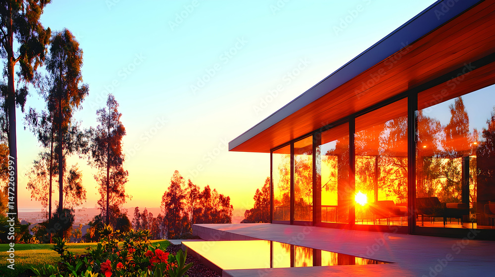 Sunset view from a modern glass house Sunset view from a modern glass house