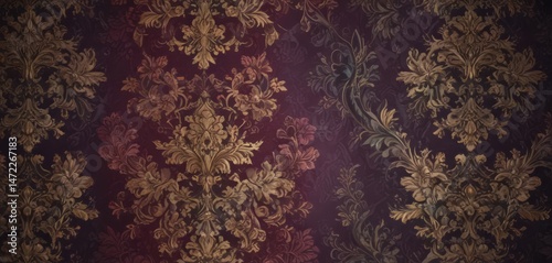Opulent damask floral wallpaper, rich jewel tones, motif, traditional, gold