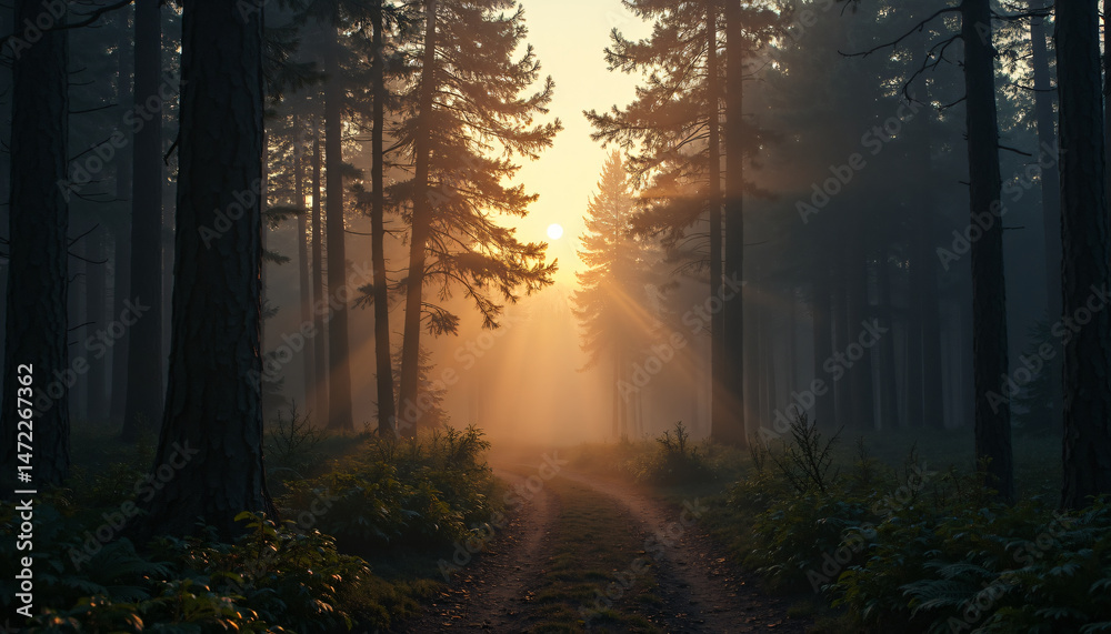 Obraz premium Sunlit Forest Path with Tall Trees and Mist