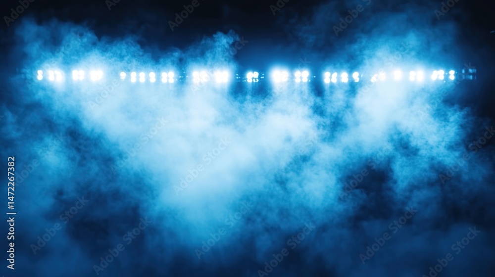 Obraz premium Bright stadium lights shining through blue smoke at night.