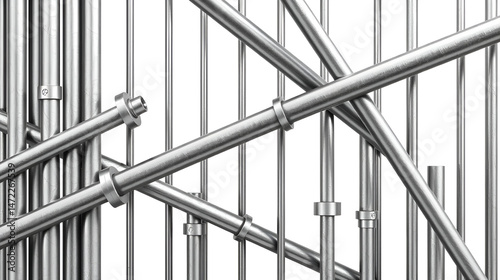 Metal rod, steel reinforced rebar. Vector realistic set of construction armature, smooth and deformed iron bars for buiding, cage, rack or prison grate. Stainless fittings isolated on white background