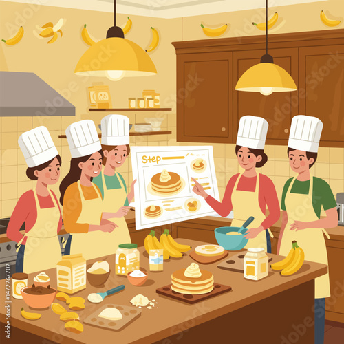 People Learning Pancake Recipe in Bright Kitchen with Banana Accents