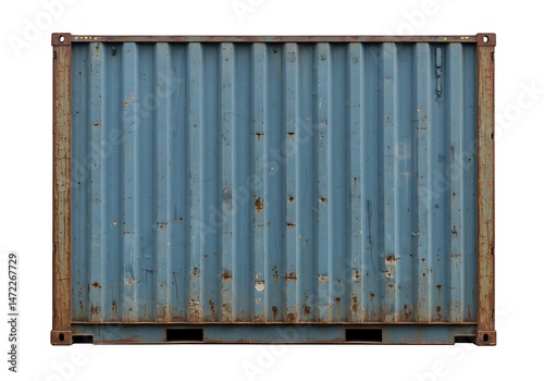 Isolated blue metal shipping container front view shot