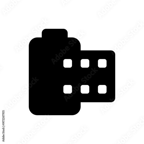 A black and white icon depicting a film roll with visible sprocket holes on a white background surface view