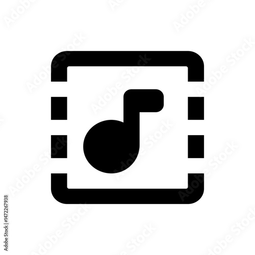 A simple black and white icon featuring a musical note inside a dashed square shaped container design element