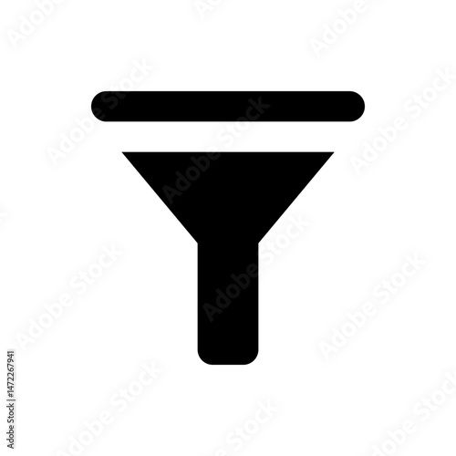 Simple black and white illustration of a filter with a horizontal bar above the funnel shape icon design