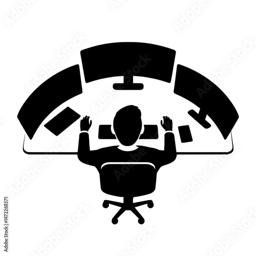 Ergonomic Multi-Monitor Desk Setup Silhouette Vector
