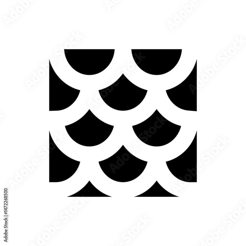 Black and white pattern featuring repeating semicircles arranged in an overlapping, scale like formation